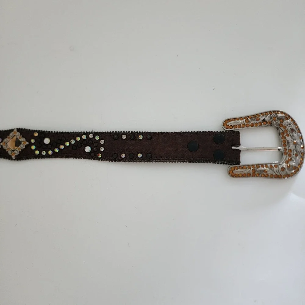 Brown Leather Rhinestone‎ Studded Belt Diamond Square Bling Western Large 34-39